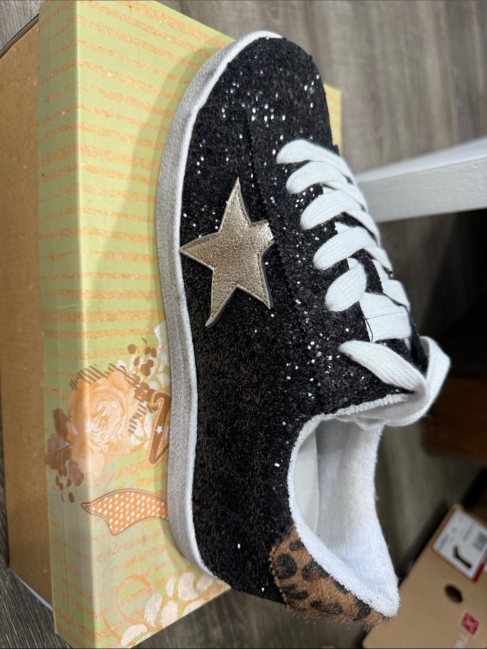 Very G Black Glitter Star women’s  Sneaker with Leopard Accent